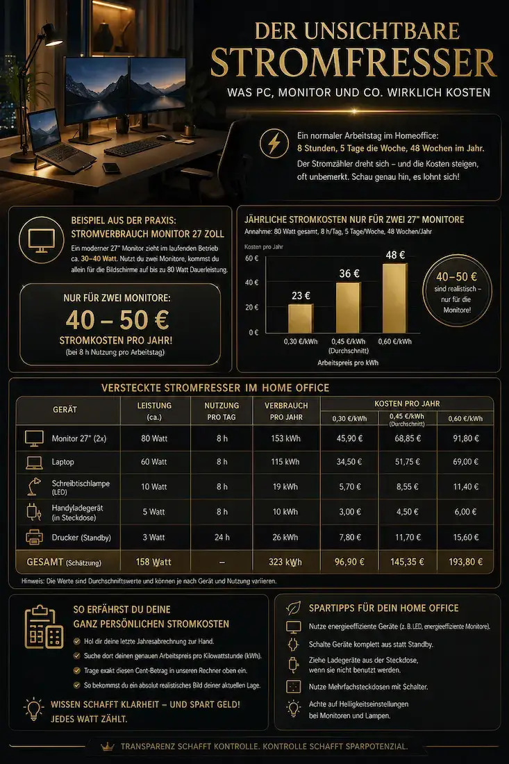 Hochwertige Infografik über versteckte Stromkosten im Homeoffice mit einer detaillierten Tabelle zum exakten Stromverbrauch für zwei 27 Zoll Monitore sowie Laptops und weiteren Geräten.