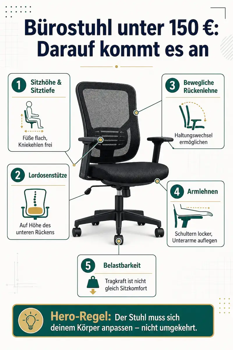 Infografik mit fünf Kaufkriterien für ergonomische Bürostühle unter 150 Euro: Sitzhöhe, Lordosenstütze, Rückenlehne, Armlehnen und Belastbarkeit.