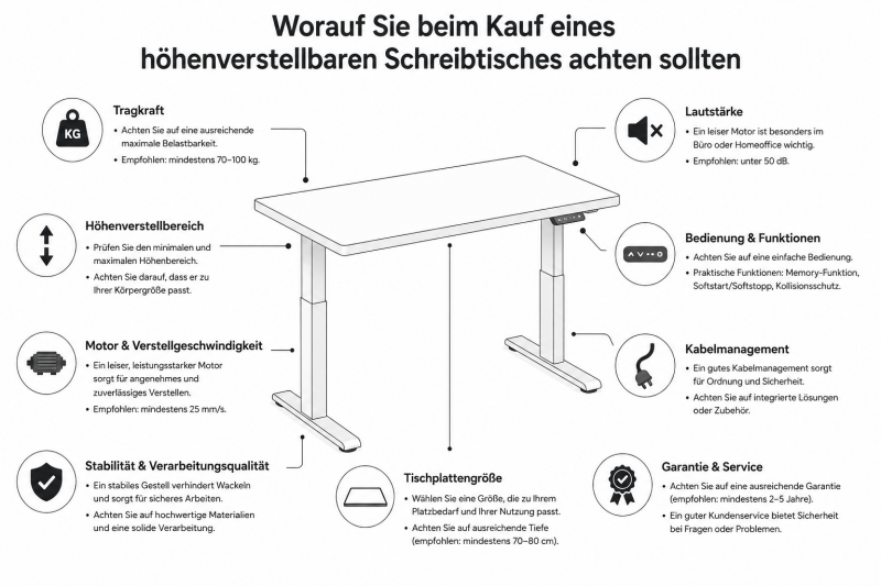 Infografik Kaufberatung: Worauf Sie beim Kauf eines elektrisch höhenverstellbaren Schreibtisches achten sollten – Übersicht wichtiger Kriterien wie Tragkraft, Lautstärke und Stabilität.