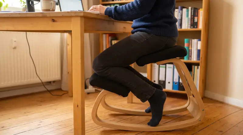 Person arbeitet im Homeoffice auf einem Kniestuhl an einem Schreibtisch