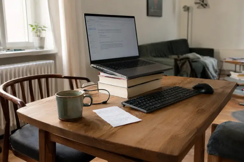 Laptop auf einem stabilen Bücherstapel mit separater Tastatur und Maus am Esstisch