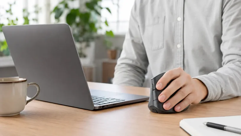 Ergonomische Linkshänder-Maus im Homeoffice auf einem aufgeräumten Schreibtisch.