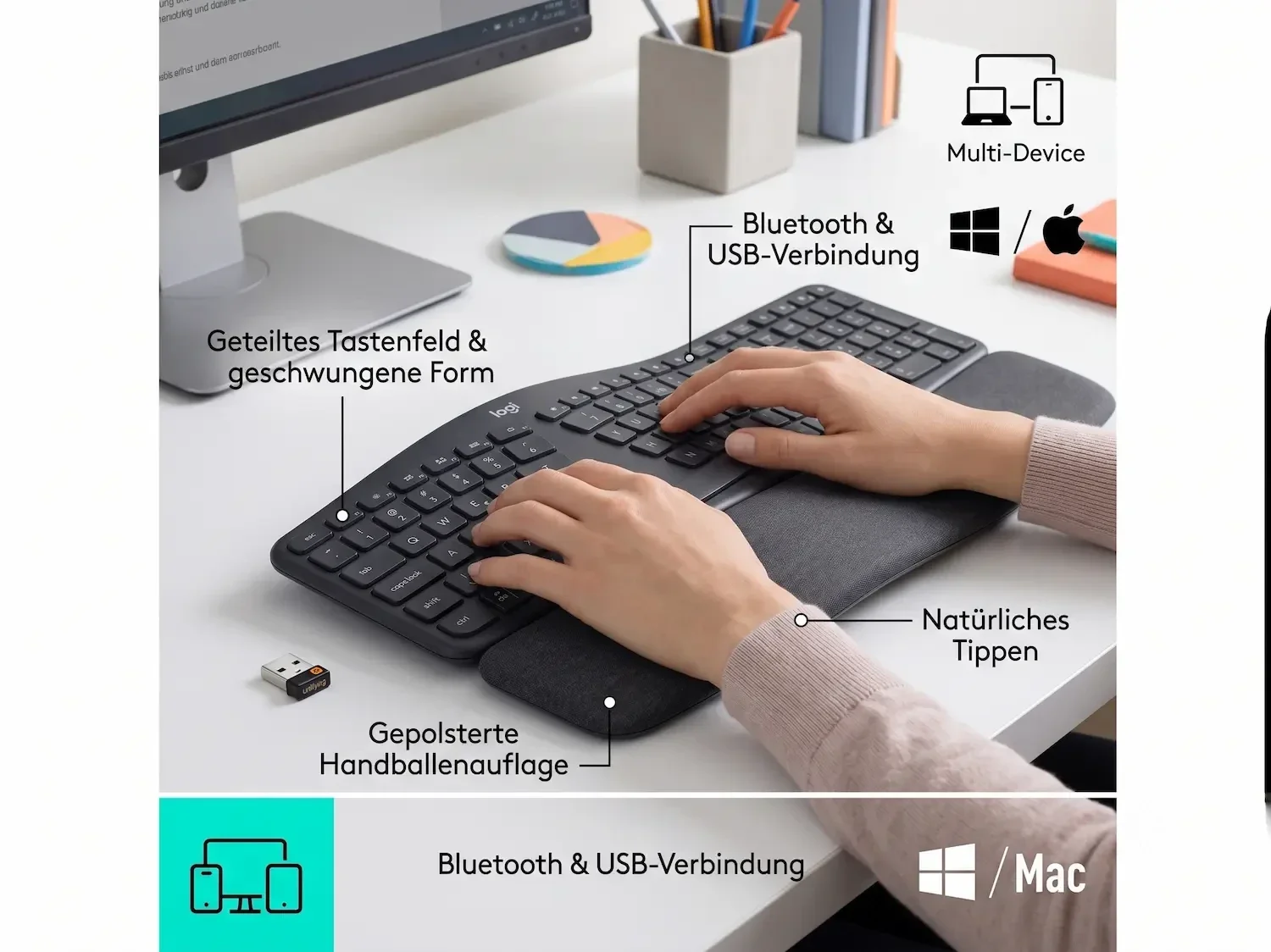 Die kabellose und ergonomisch geteilte Tastatur Logitech ERGO K860 mit weicher Handballenauflage im Homeoffice.