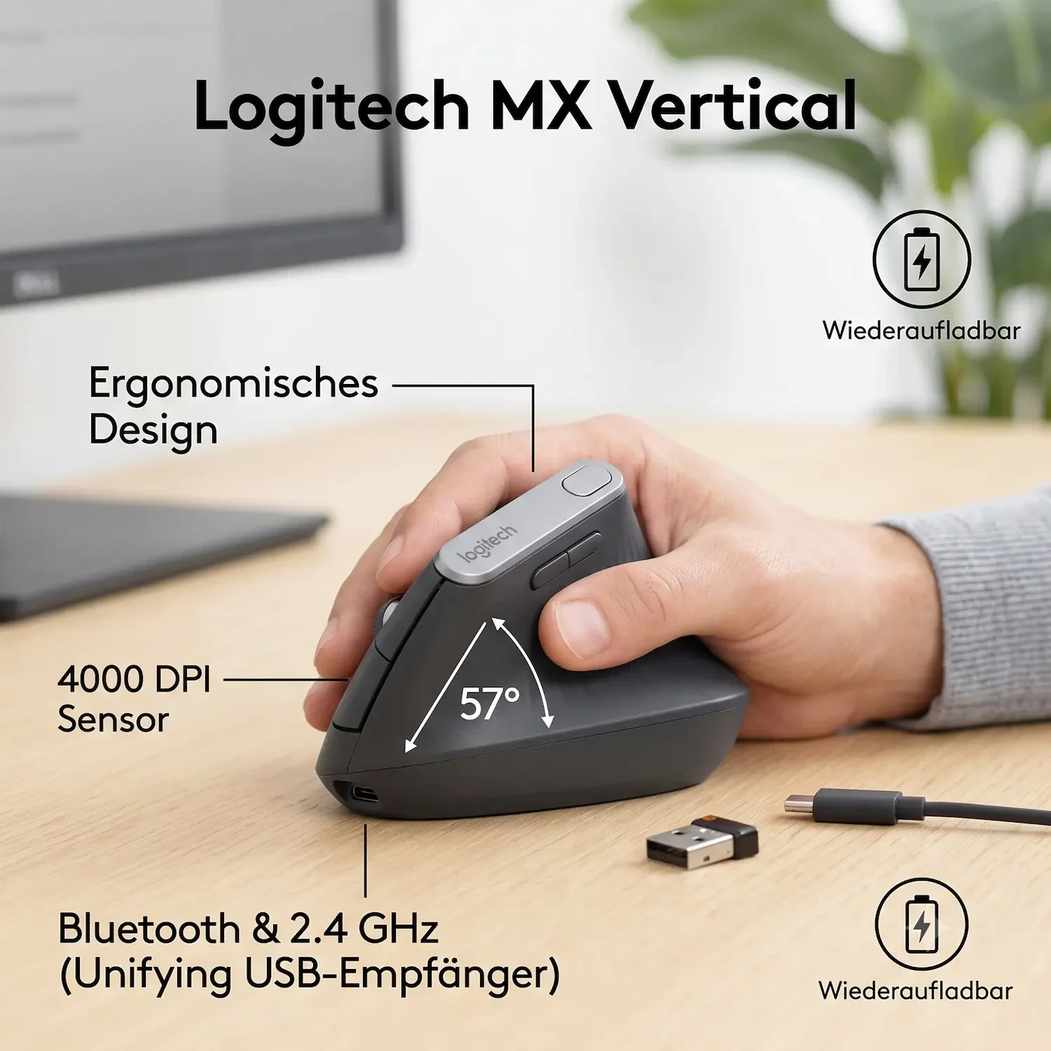 Eine kabellose, ergonomische Vertikalmaus (Logitech MX Vertical) auf einem modernen Homeoffice-Schreibtisch.