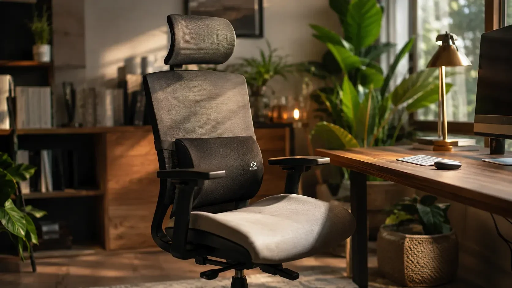 Ein gemütliches Homeoffice mit einem ergonomischen Bürostuhl und einem orthopädischen Lordosenstütze Kissen gegen LWS Schmerzen beim Sitzen.