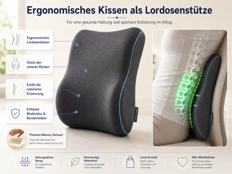 Ein warm beleuchtetes Homeoffice mit Holzschreibtisch und einem ergonomischen Bürostuhl, der mit einem Lordosenstütze Kissen gegen LWS Schmerzen beim Sitzen ausgestattet ist.