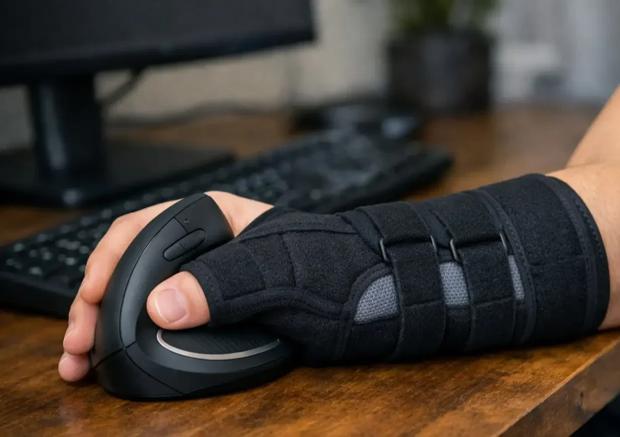 Eine stützende Mausarm Bandage am Handgelenk bei der Arbeit mit einer ergonomischen Maus im Homeoffice.