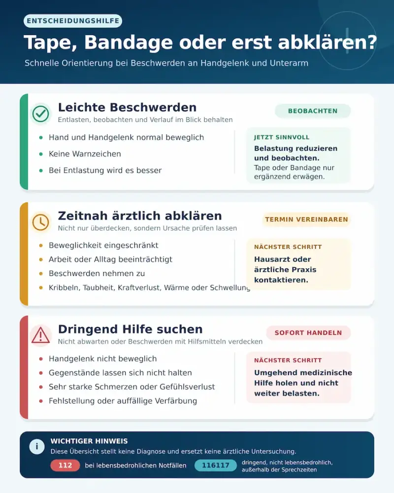 Entscheidungsgrafik bei Mausarm: leichte Beschwerden beobachten, Warnzeichen ärztlich abklären und bei starken Einschränkungen dringend Hilfe suchen.