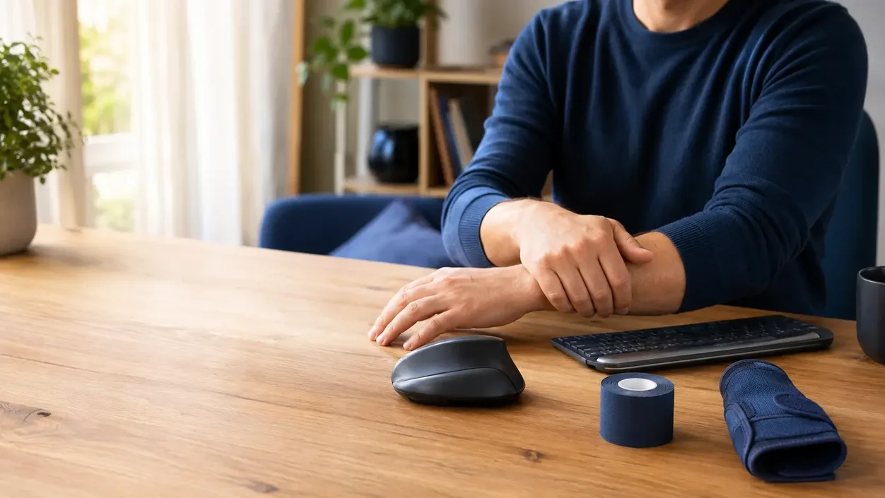 Person am Homeoffice-Arbeitsplatz berührt ihr Handgelenk; daneben liegen Kinesiologie-Tape und Handgelenkbandage.