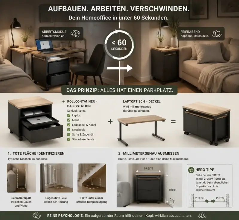 Grafik zum mobilen Homeoffice: Rollcontainer als Basisstation und höhenverstellbarer Laptoptisch zum platzsparenden Verstauen im Wohnzimmer.
