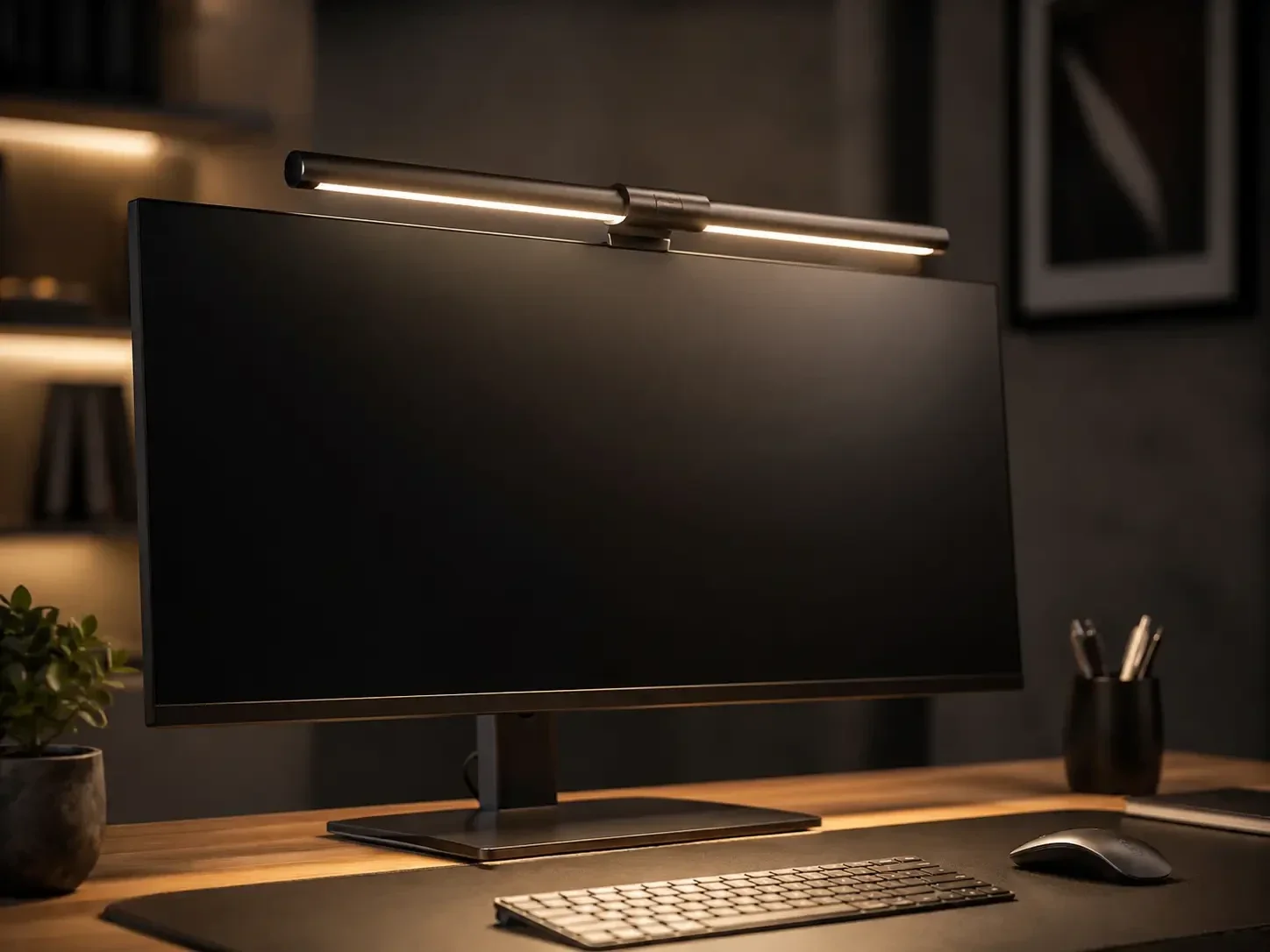 Eine leuchtende Monitor-Screenbar, die den Schreibtisch blendfrei ausleuchtet, ohne auf dem Bildschirm zu spiegeln.