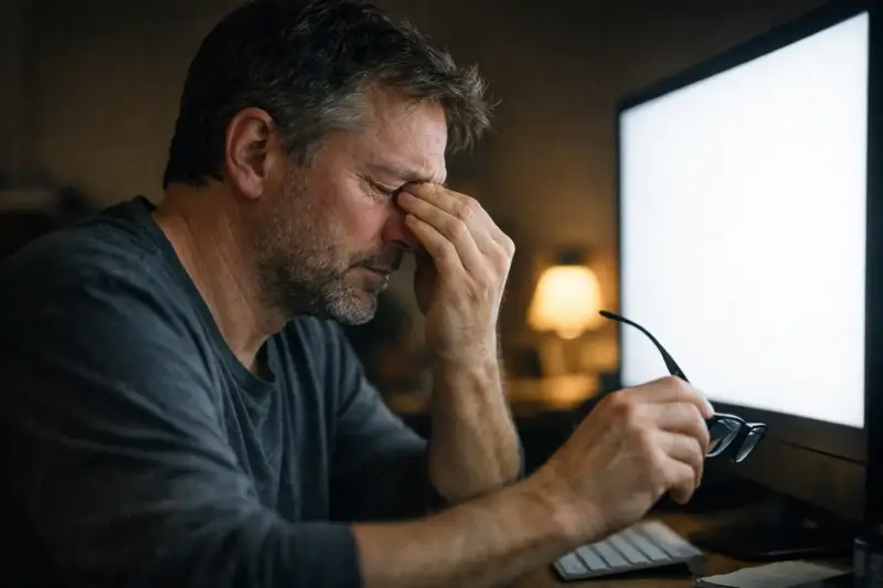 Ein Mann sitzt erschöpft im Homeoffice am Schreibtisch und reibt sich die brennenden Augen vor einem zu hell eingestellten Monitor.