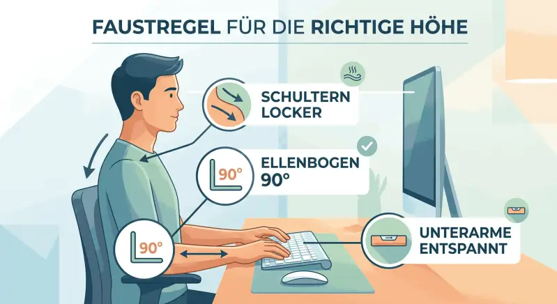 Die ideale Schreibtischhöhe und ergonomische Sitzhaltung im Homeoffice mit 90-Grad-Winkel für Arme und Beine.