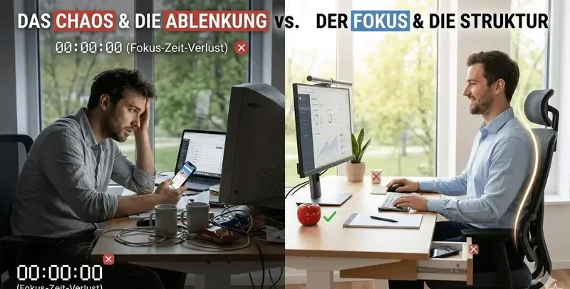 Geteiltes Bild zeigt links ein chaotisches, unordentliches Homeoffice mit Ablenkungen und rechts einen sauberen, organisierten Arbeitsplatz mit klarem Fokus.