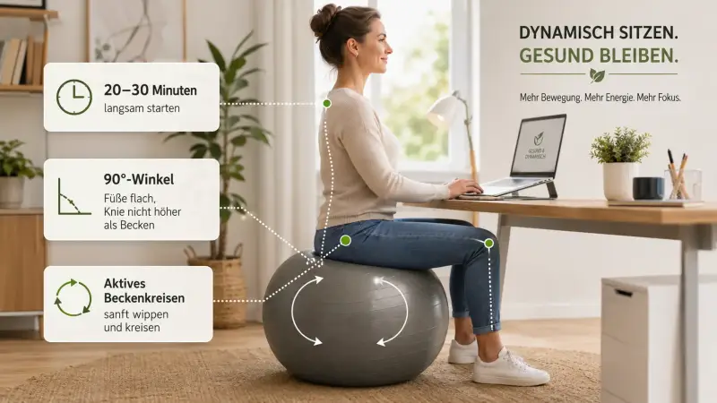 Richtig auf dem Gymnastikball sitzen: Infografik mit Tipps für eine gesunde Haltung am Schreibtisch.
