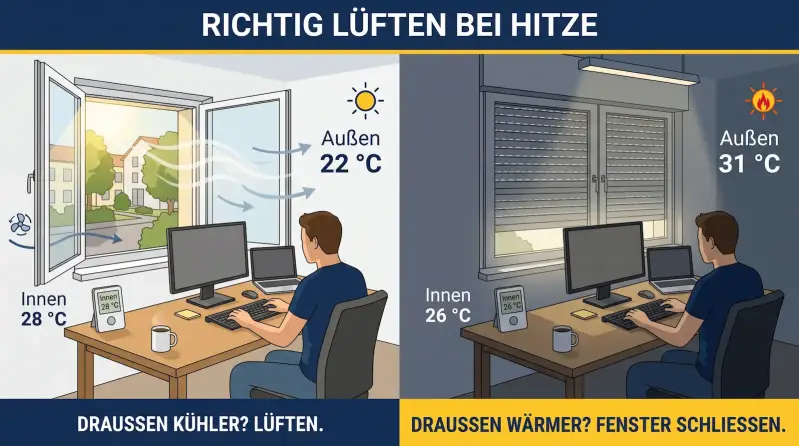 Richtig lüften bei Hitze im Homeoffice: Fenster öffnen, wenn es draußen kühler als drinnen ist