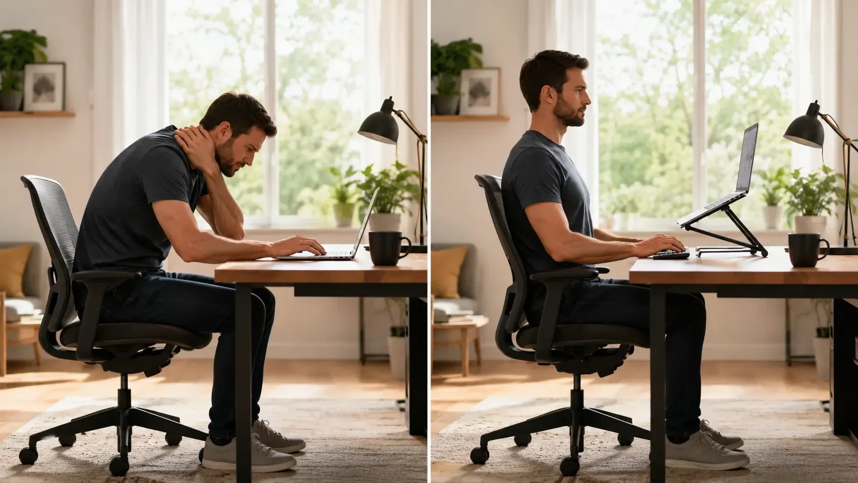 Vorher-Nachher-Vergleich im Homeoffice: Links ein Mann mit Nackenschmerzen und Rundrücken am Laptop, rechts dieselbe Person in gesunder, ergonomischer Sitzposition am Schreibtisch.