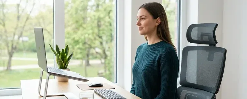 Frau sitzt in korrekter ergonomischer Haltung an einem Schreibtisch vor einem Laptop auf einem Ständer in einem hellen Homeoffice.