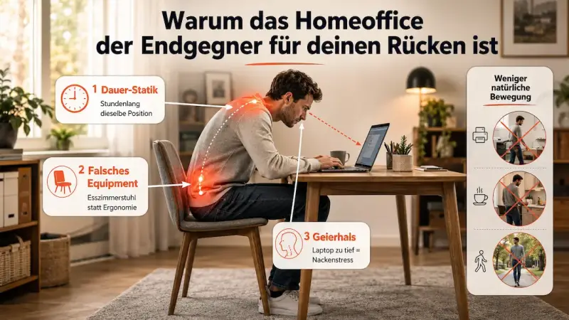 Infografik zu Rückenschmerzen im Homeoffice: Analyse von Geierhals, falschem Equipment und Bewegungsmangel bei der Arbeit am Laptop.