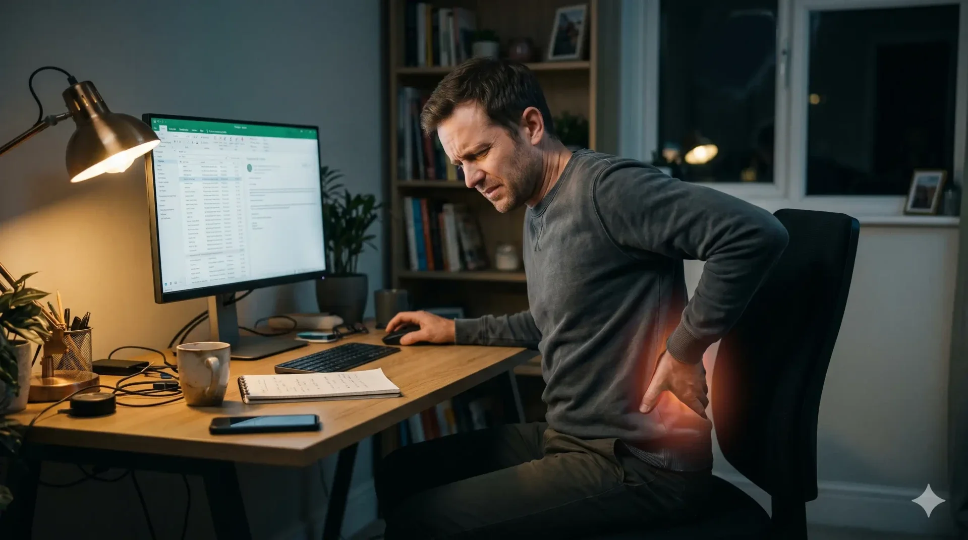 Ein Mann leidet unter akuten Schmerzen im unteren Rücken (Bandscheibenvorfall LWS) bei der Arbeit im Homeoffice. Ein typisches Symptom für langes, starres Sitzen auf einem ungeeigneten Bürostuhl.