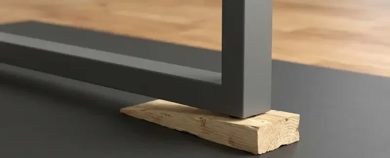 Instabile Schreibtisch-Höhenanpassung mit einem Holzkeil