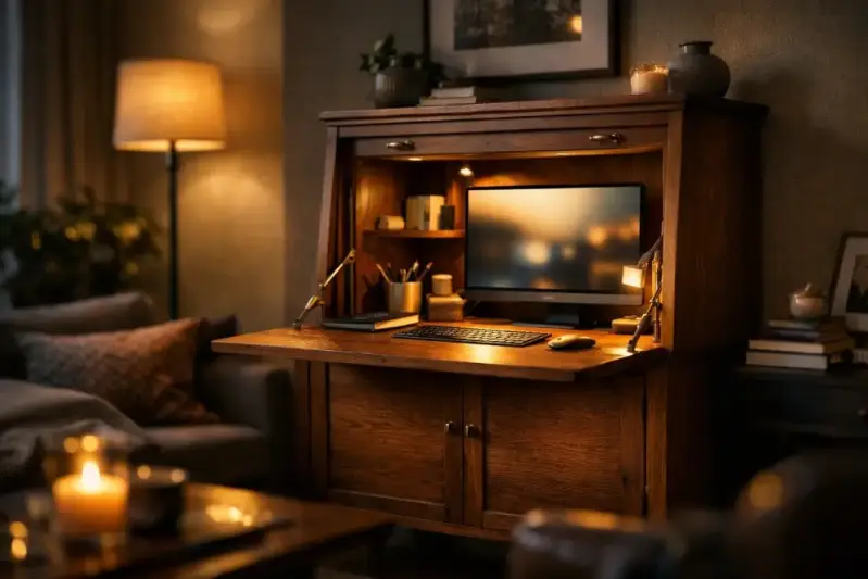 Aufgeklappter Sekretär Schrank aus dunklem Holz in einem gemütlichen Wohnzimmer. Der integrierte Schreibtisch im Schrank bietet Platz für einen Monitor und eine Tastatur im warmen Licht einer Schreibtischlampe.
