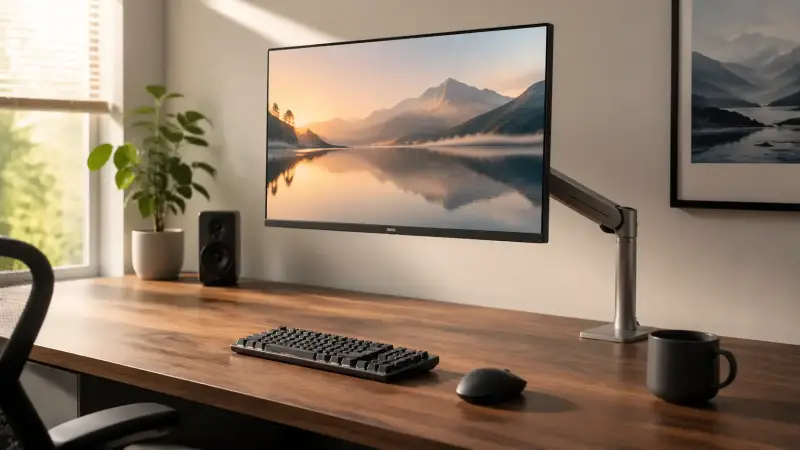 Smarte Schreibtisch organisieren Ideen: Ein minimalistisches Homeoffice mit viel freier Fläche dank einer Monitorhalterung.