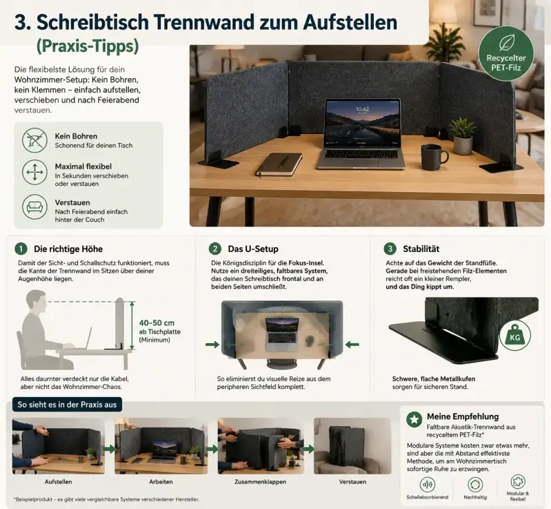 Infografik mit Praxis-Tipps zu einer Schreibtisch Trennwand zum Aufstellen aus PET-Filz, inklusive Höhen-Diagramm, U-Setup und 4-Schritt-Anleitung zum Zusammenklappen.