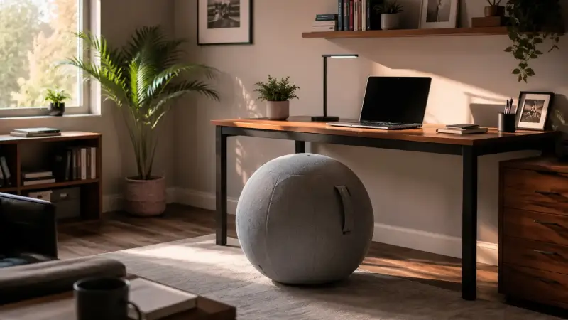 Ein gemütlich und professionell eingerichtetes Homeoffice mit einem hochwertigen, stoffbezogenen Sitzball als Alternative zum klassischen Bürostuhl am Schreibtisch.