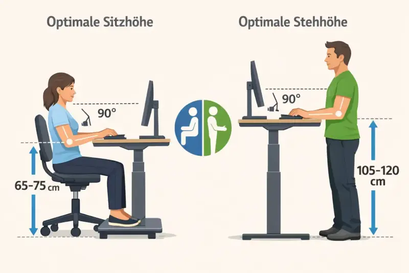 Optimale Sitzhöhe und Stehhöhe am ergonomischen Schreibtisch