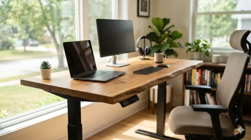 Ein hochwertiger, elektrisch höhenverstellbarer Schreibtisch aus massivem Holz in einem stilvollen Homeoffice. Perfekte Ergonomie für Designliebhaber.