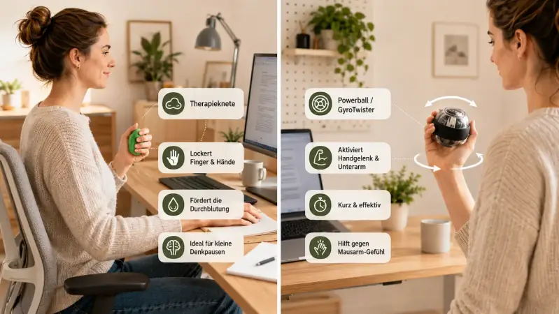 Anschaubild für ergonomisches Homeoffice: links benutzt eine Frau Therapieknete am Schreibtisch zur Lockerung von Fingern und Händen, rechts nutzt sie einen Powerball beziehungsweise GyroTwister zur Aktivierung von Handgelenk und Unterarm. 