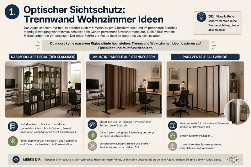 Infografik mit drei Trennwand Wohnzimmer Ideen für das Homeoffice: Modulares Regal, Akustik-Paneele auf Standfüßen und Paravents/Faltwände, jeweils mit Vor- und Nachteilen.