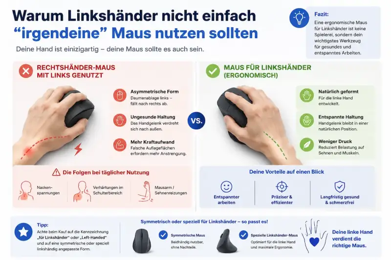 Infografik: Vergleich zwischen der ungesunden Nutzung einer Rechtshänder-Maus mit der linken Hand und den ergonomischen Vorteilen einer speziellen Linkshänder-Maus.