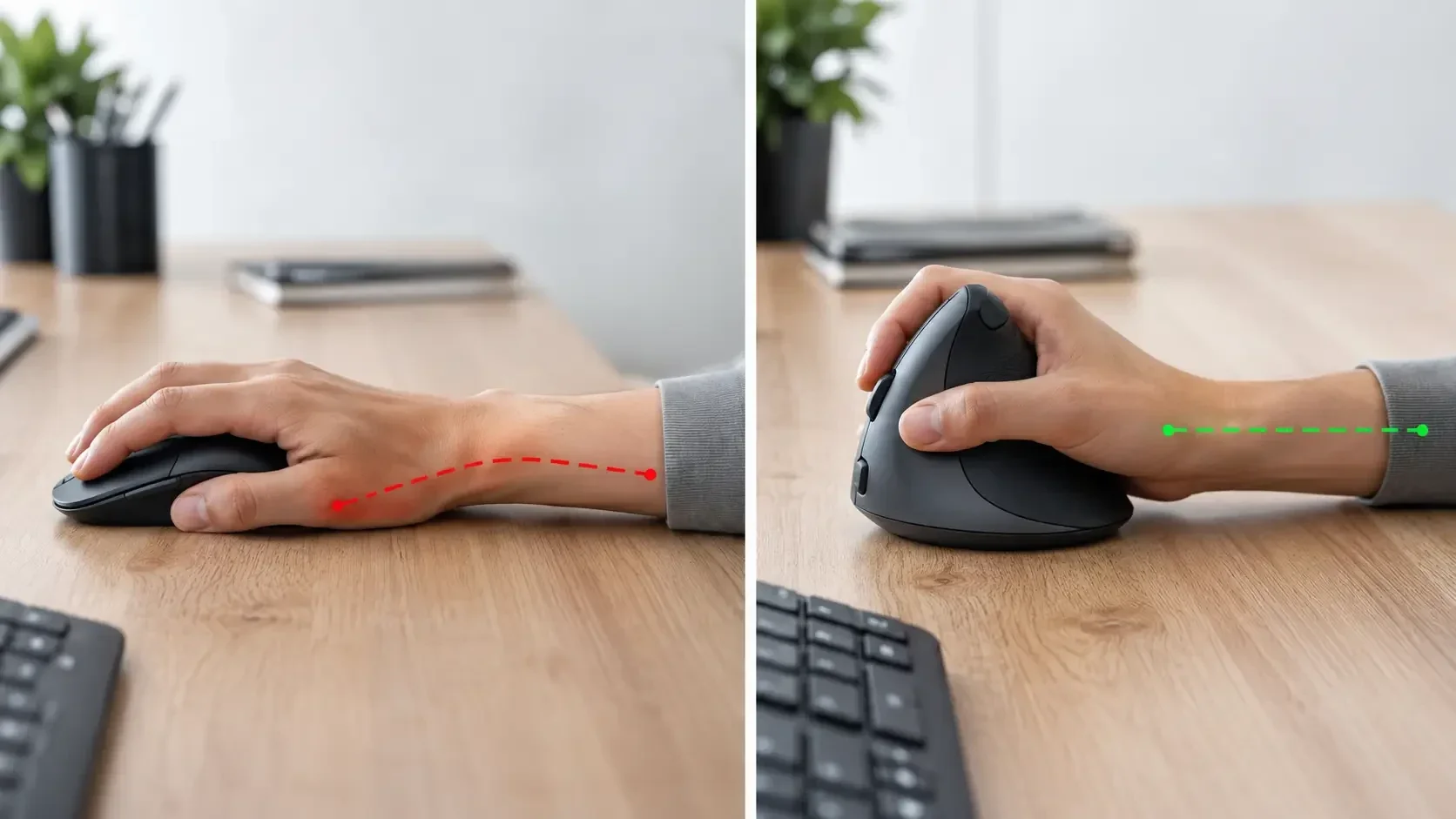 Ergonomischer Vergleich: Gesunde Handgelenk-Haltung mit einer großen Vertikalmaus im Handschlag-Griff.