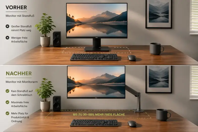 Vorher-Nachher-Vergleich Schreibtisch organisieren: Oben blockiert ein Standfuß den Platz, unten schwebt der Monitor an einem Arm und schafft bis zu 50% mehr freie Arbeitsfläche.