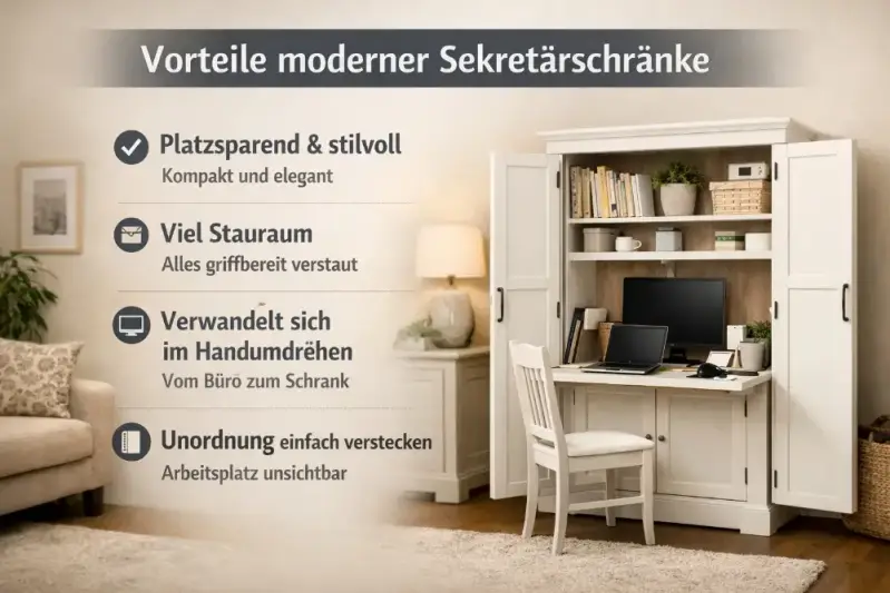 Infografik über die Vorteile moderner Sekretärschränke im Homeoffice: Platzsparend, viel Stauraum und die Möglichkeit, den Arbeitsplatz und Unordnung einfach zu verstecken.