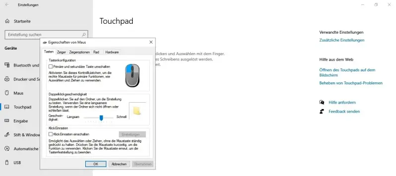 Screenshot der Windows-Mauseinstellungen: Das Kontrollkästchen aktivieren, um die primäre Maustaste für Linkshänder auf die rechte Seite umzustellen.