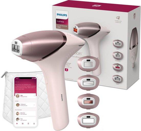 Philips IPL-Haarentferner Lumea S9000 BRI958/00, 450.000 Lichtimpulse, 4 Aufsätze (Achseln, Bikinizone, Körper und Gesicht), kabellos Genieße 12 Monate lang seidig glatte Haut (nach 12 Behandlungen durchschnittlich 86% weniger Haare an den Unterschenkeln,