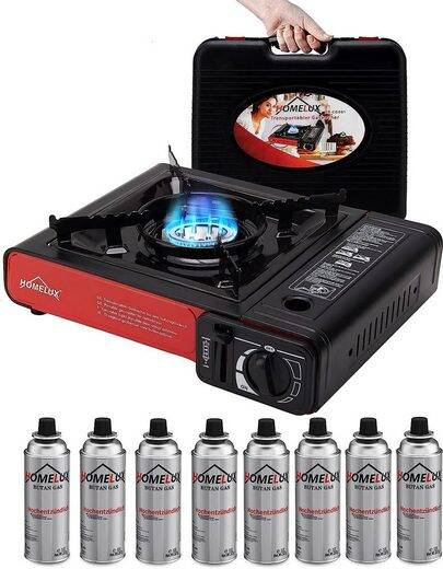 HOMELUX Gaskocher Campingkocher 2,0 KW mit Gaskartuschen und Tragekoffer, (Set, 8-St., Grill Camper im Outdoor Camping), 2,0 KW Der Campingkocher ist mit einer piezoelektrischen Zündung ausgestattet. Superhocheffizienter Legierungskopfbrenner sorgt für au
