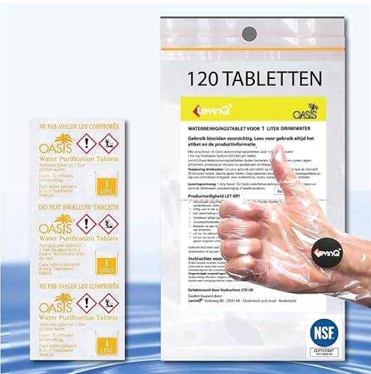 LevinQ Trinkwasseraufbereitung [120Stk] *NSFgeprüft* 100% keimfreies Trinkwasser 1 Ltr/Tablette +Handschuhe PE | Wasserentkeimungstabletten fur Krisenvorsorge Outdoor, Notfall, Camping, Reiseapotheke Oasis Water Purification Tablets Set mit 120 Tabletten 