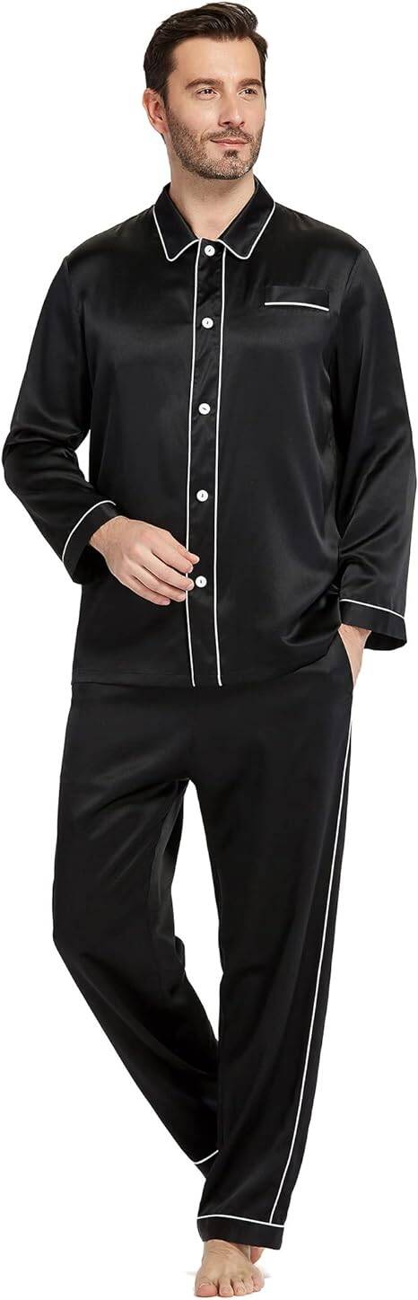 LilySilk Herren Seide Pyjama Set 22MM Reine Seide Nachtwäsche mit Langarm Bluse und Hose Pj Set Luxus Loungewear Schwarz Blau Weiß Rot Nachtwäsche für die ganze Saison