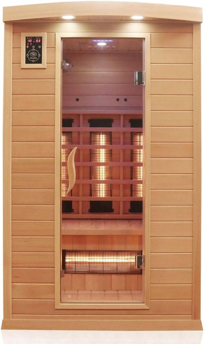 Dewello® Infrarotkabine Infrarotsauna Hyder 115x105 für 1-2 Personen aus Hemlock Holz mit Vollspektrumstrahler, LED-Farblicht, Bluetooth, FM,MP3,USB Diese Infrarotkabine in dem Maß 115x105 cm bietet Platz für 1 - 2 Person und ist aus kanadischem Hemlock T