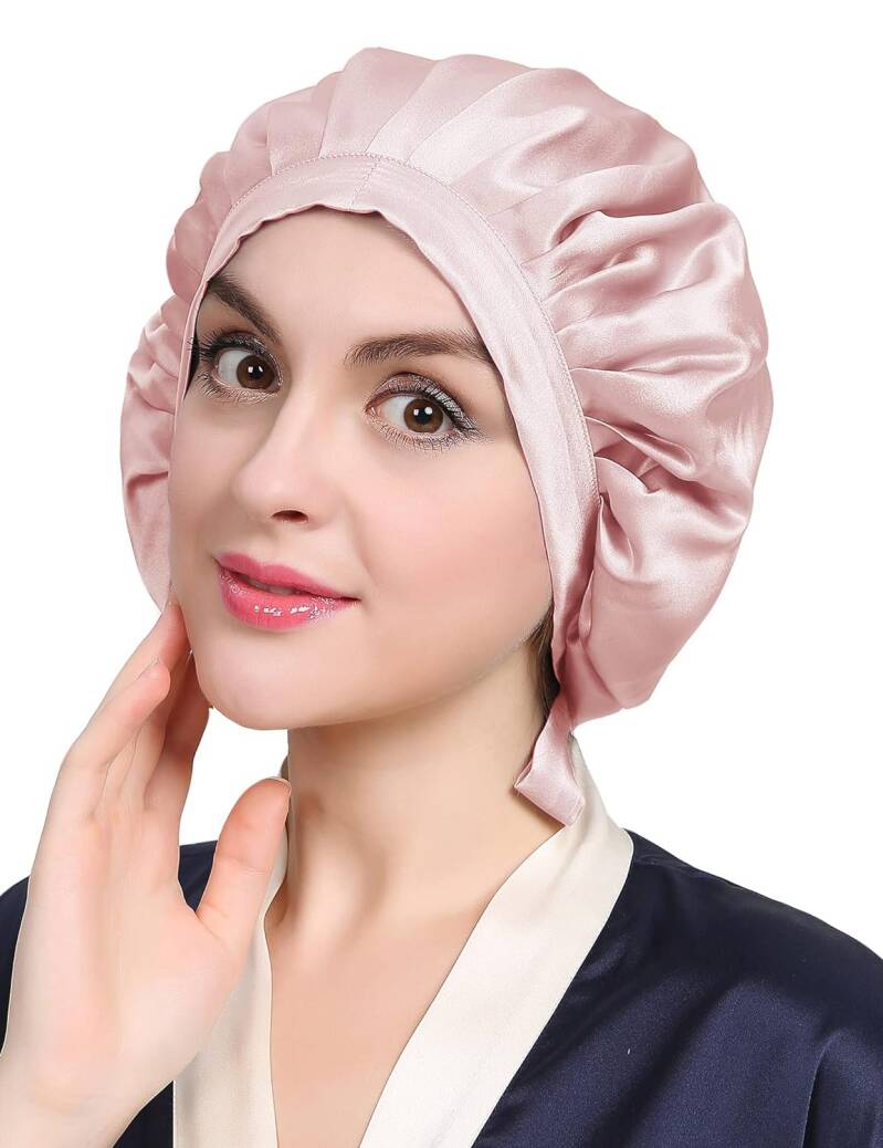 LilySilk 100% Maulbeerseide Schlafmütze rutschfest verstellbar und atmungsaktiver Kopfbedeckung Nachtmütze Haarhaube mit elastischem Band für alle Haartypen, rosiges Rosa