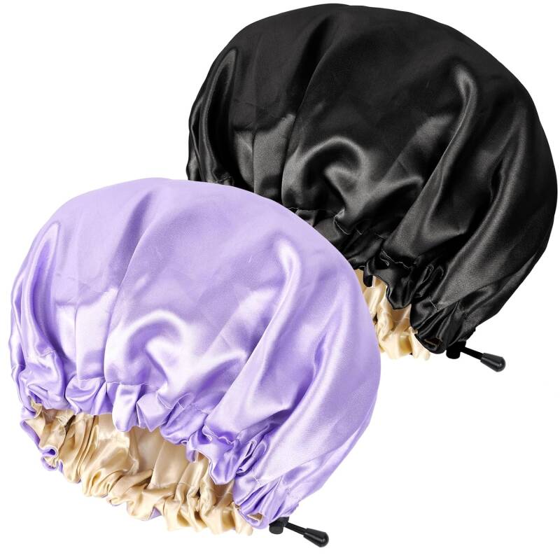Ranphykx 2 Stücke Seidenhaube Satin SchlafmüTze,Einstellbare Doppelseitige SchlafmüTze,Haube MüTze FüR Schlaf (1 Black+ 1 Purple)