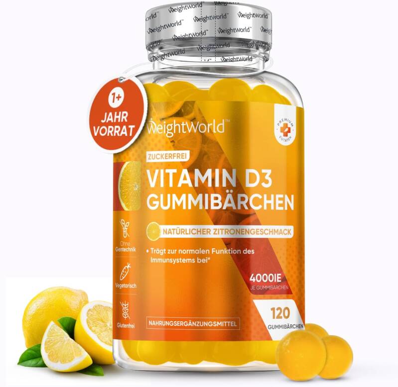 Vitamin D3 Gummies 4000 IE - Sonnenvitamin - 120 Stück mit Zitronengeschmack - 1 Vitamin Gummibärchen alle 4 Tage - Zuckerfrei & Ohne Gelatine - Vitamin D Nahrungsergänzungsmittel - WeightWorld