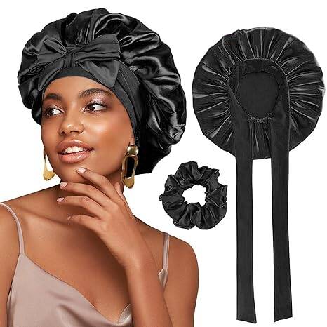 Satin Bonnet Nacht Schlafmütze, Seide Locken Atmungsaktive Seide Schlafmütze, doppellagige Nachtmütze, Verstellbare Schlafkappe, für Frauen und Mädchen ➤【Premium Stoff】Die Schlafmütze ist aus hochwertigem Satin, weich und atmungsaktiv, leicht und nicht le