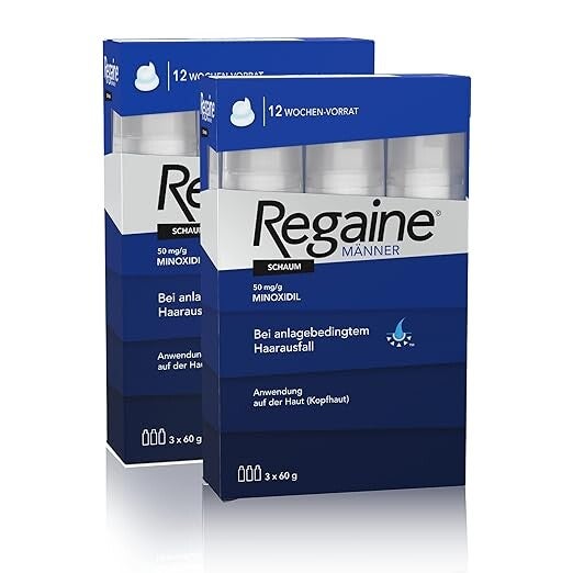 REGAINE Männer Schaum: 6-Monats-Vorrat mit 50 mg/g Minoxidil, regt das Haarwachstum an und stoppt Haarausfall bei Männern, 2 x 3 x 60 g ANTI HAARAUSFALL: Der REGAINE Männer Schaum, 3x60 g (mit Minoxidil 5 %) stoppt erblich bedingten Haarausfall und regt n