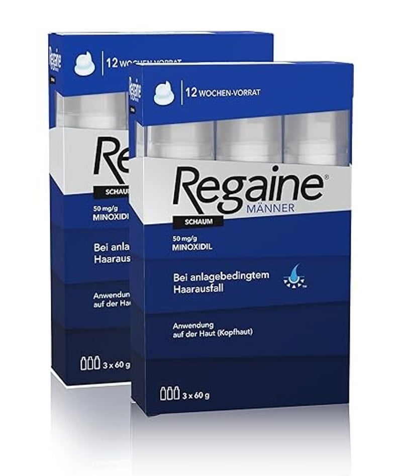 REGAINE Männer Schaum: 6-Monats-Vorrat mit 50 mg/g Minoxidil, regt das Haarwachstum an und stoppt Haarausfall bei Männern, 2 x 3 x 60 g ANTI HAARAUSFALL: Der REGAINE Männer Schaum, 3x60 g (mit Minoxidil 5 %) stoppt erblich bedingten Haarausfall und regt n