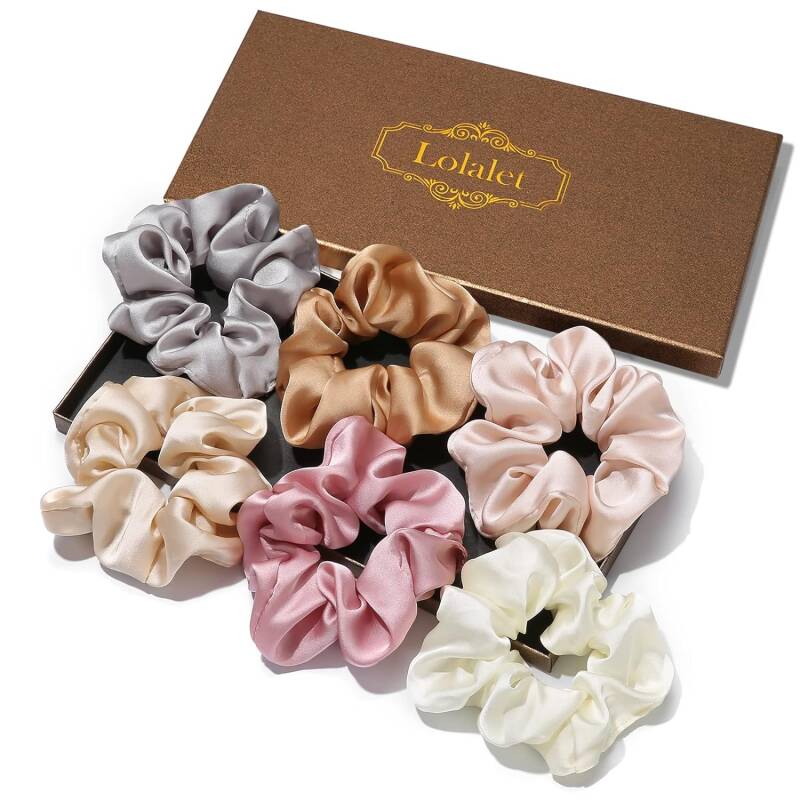 (6 Stück) Lolalet Haargummis Seide Scrunchies Satin für Damen, Haargummi Weich Elastisch Silk Skrunschis Groß für Damen Frauen Mädchen 6 Farben -Hellgrau Hellpink Rosa Beige Orange Weiß